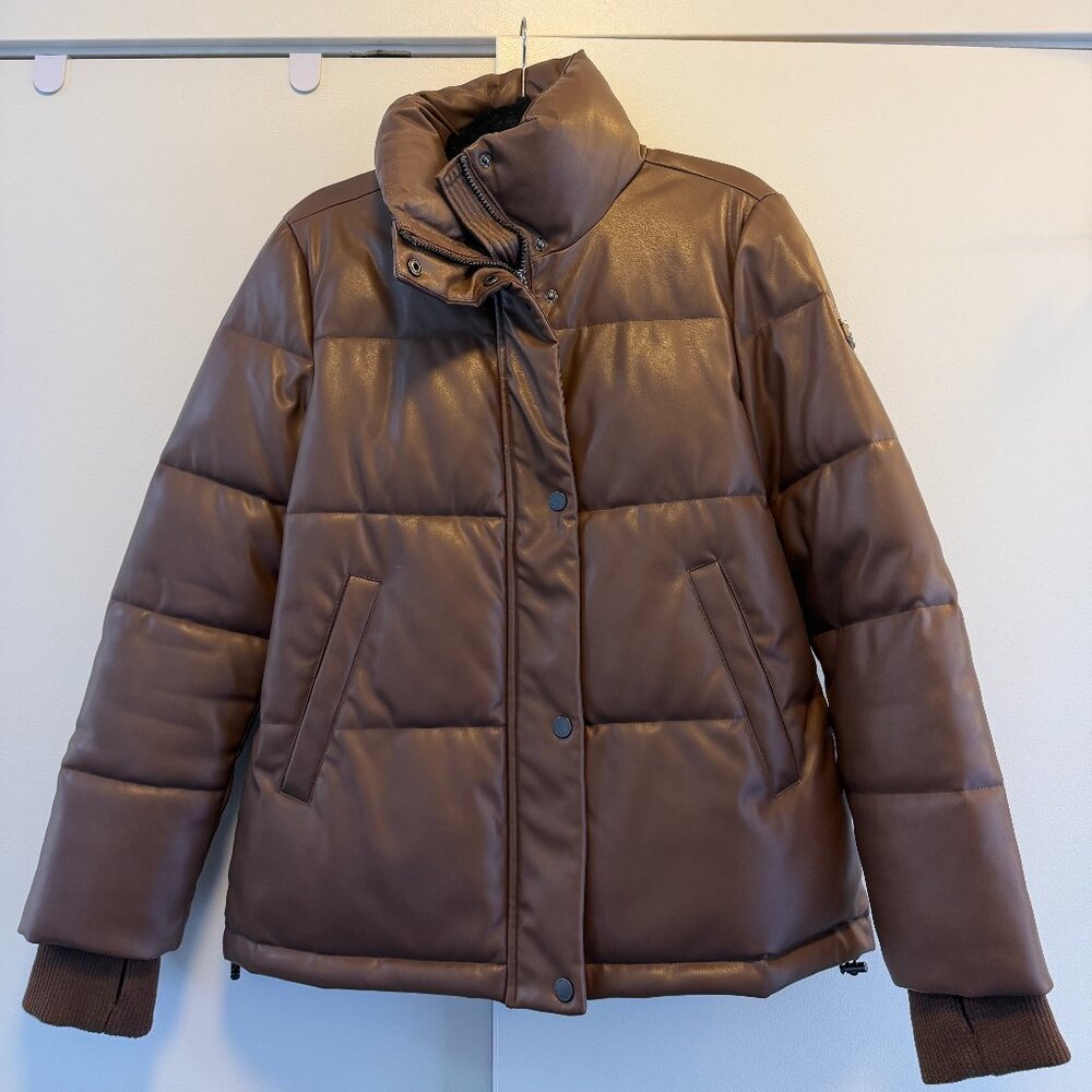BCBGMaxAzria Brown Faux Leather Puffer Coat, Size Small